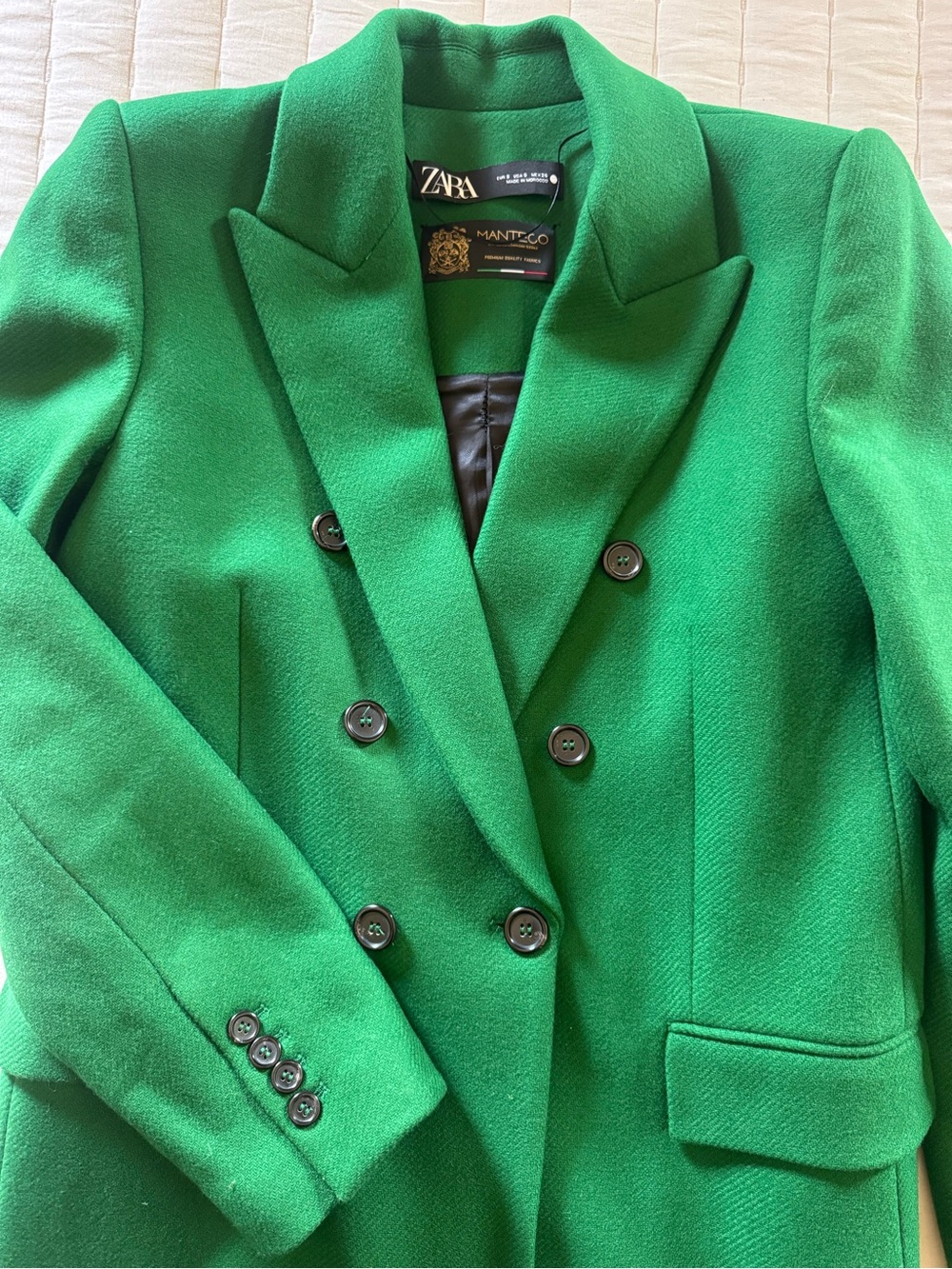 ZARA Women's Double-Breasted Kelly Green Manteco Wool Long Coat Size Small - Picture 10 of 11